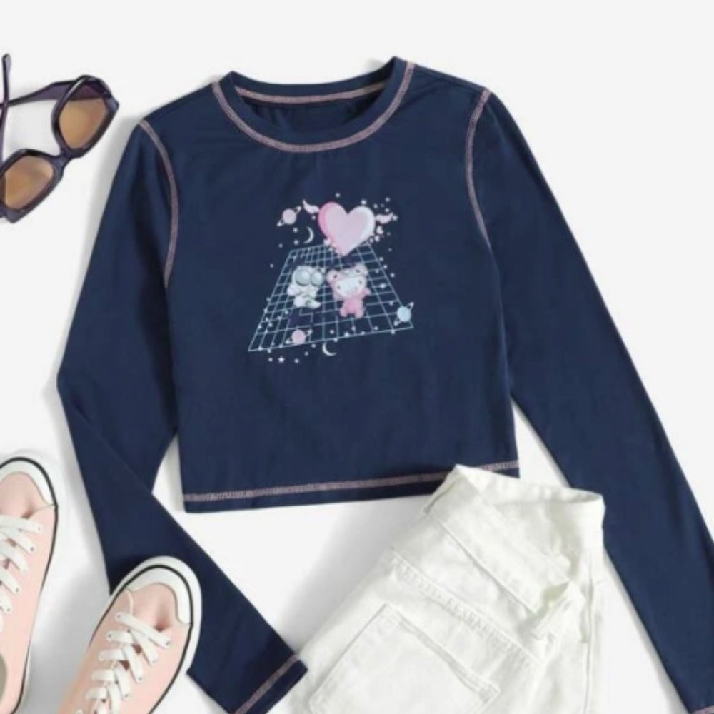 SHEIN Contrast Stitch Cartoon Graphic Tee